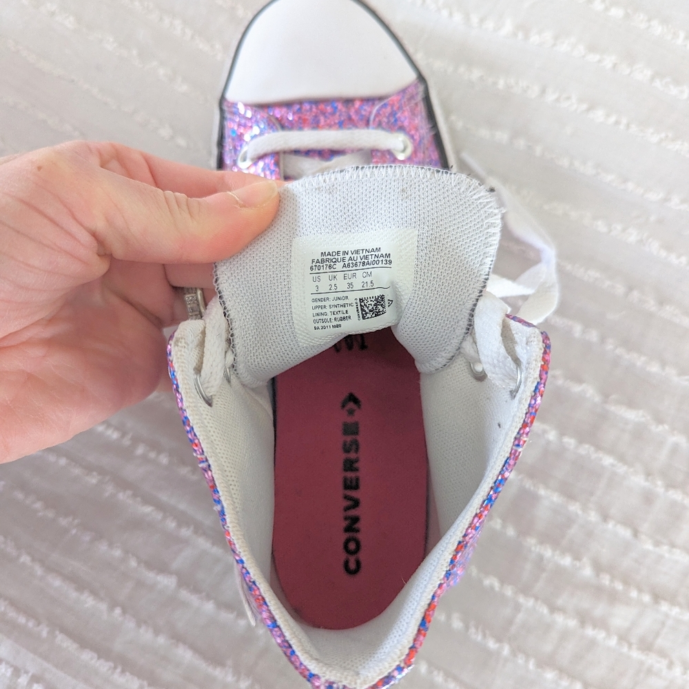 SOLD Girls Pink & Purple Coated Glitter Chuck Taylor All Star Hi Tops Sneakers - Picture 7 of 8